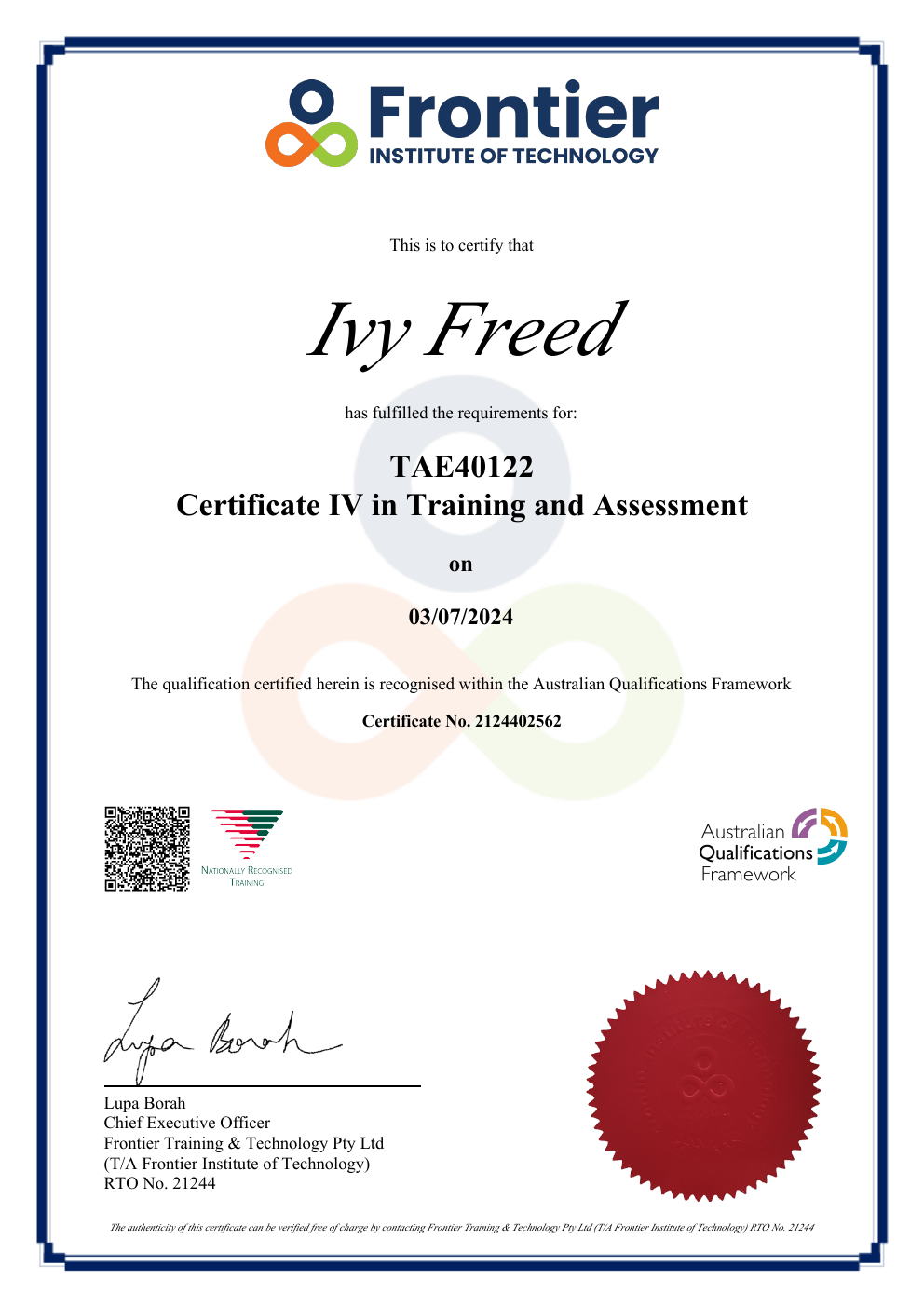 Ivy's official TAE40122 Certificate